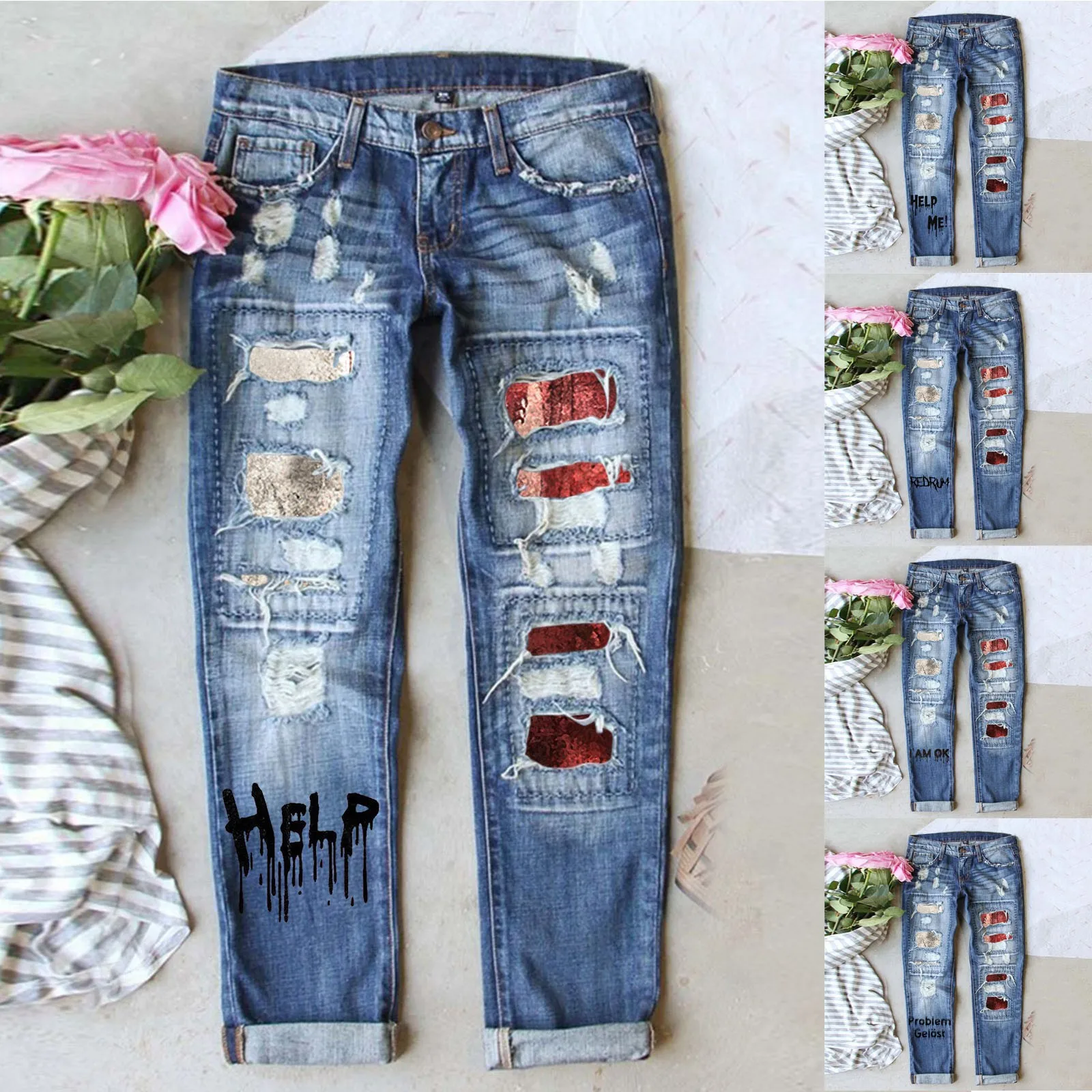 

Vintage Women Denim Casual Streetwear Jeans Female Ripped Hole Patch Trousers Pockets Bottoms Pants Pantalones De Mujer Vaqueros