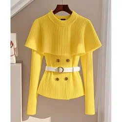 Chic Pullover Knitted Sweater Women Outerwear Spring Autumn New Slim Long-sleeved Cape Shawl Waist Soft Waxy Sweater Jacket Tops