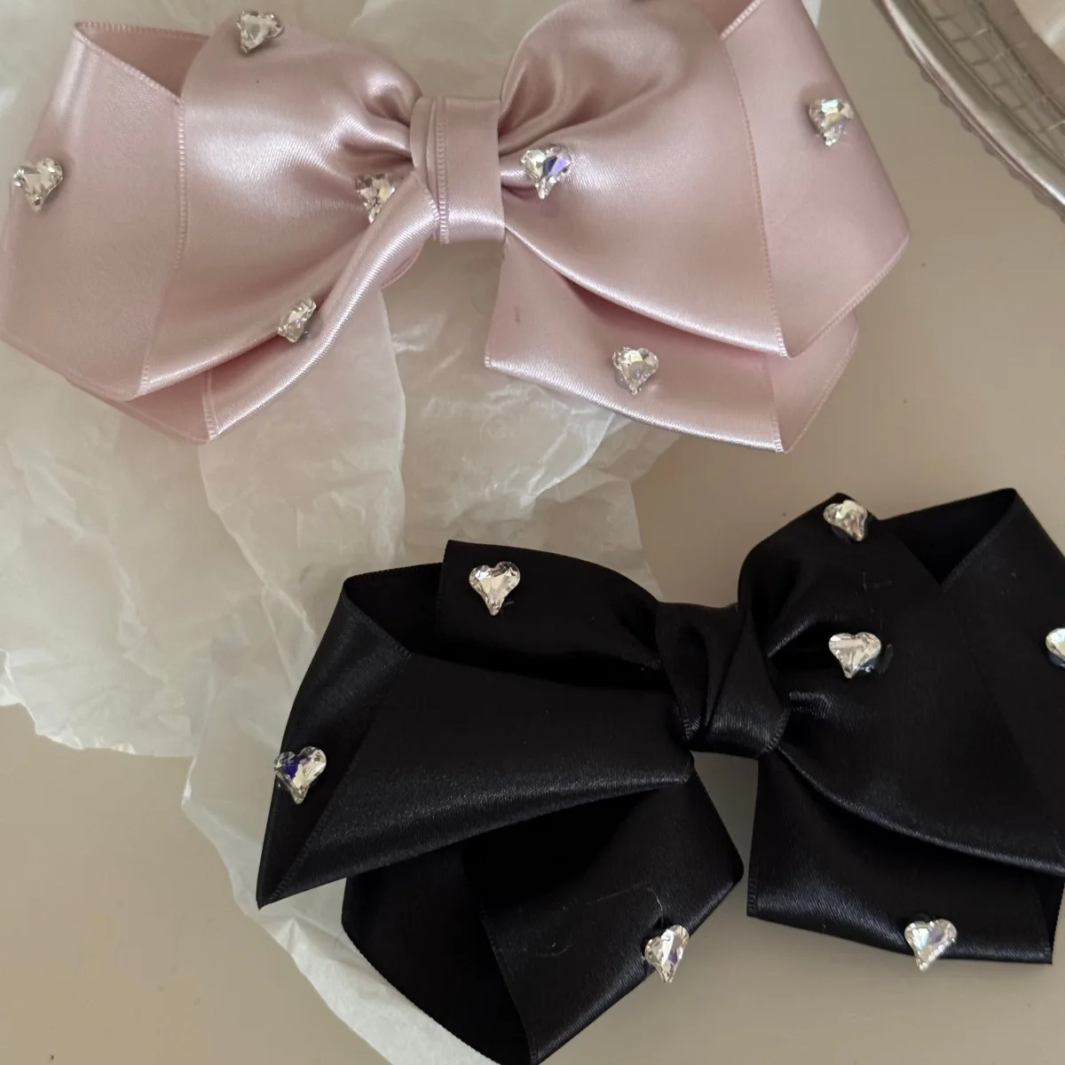 Hair Clip Satin Bow Heart Rhinestone Spring Barrette for Women Back Head Office Travel Home Gentle Comfortable Premium