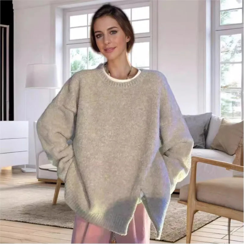 

2024 New Autumn And Winter Sweater, Lazy Style Round Neck Slit Sweater, Loose And Versatile Outer Sweater Pullover