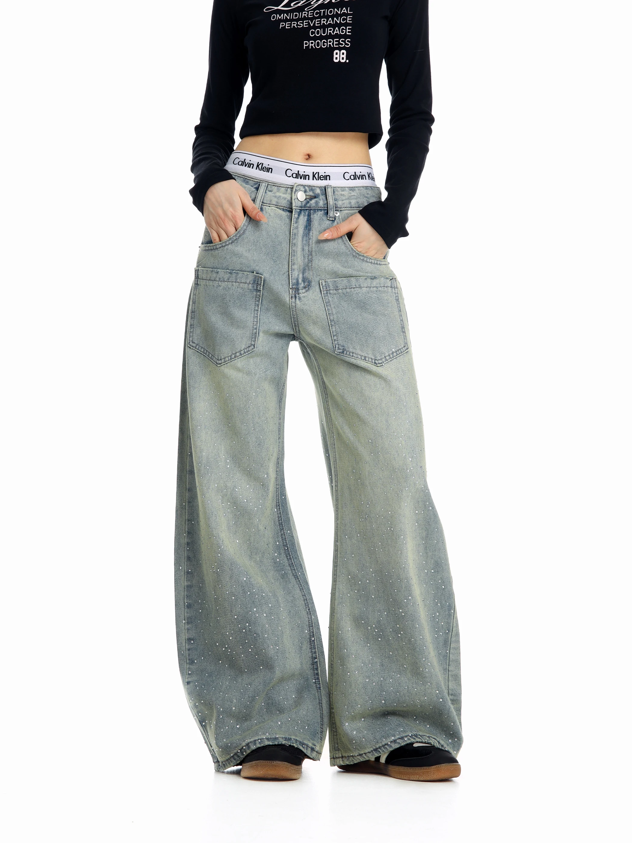 

Джинсы женские широкие в американском стиле, свободного кроя, из денима, с натуральной талией, на молнии, на все сезоны