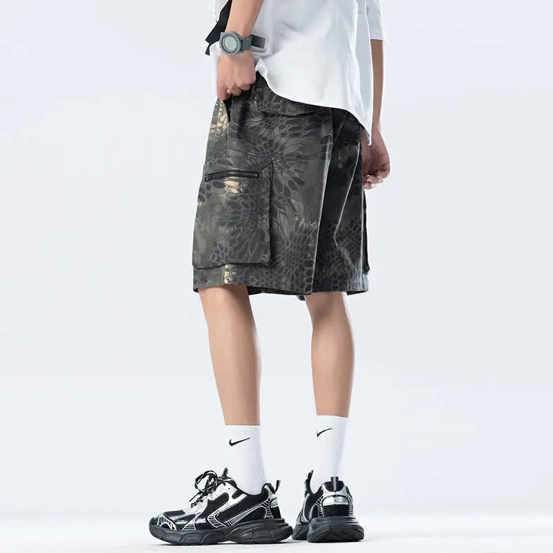 Men Camo Shorts Elastic Waist Drawstring Large Pockets Outdoor Sports Casual Cargo Comfortable Summer Hiking Active Wear Relaxed