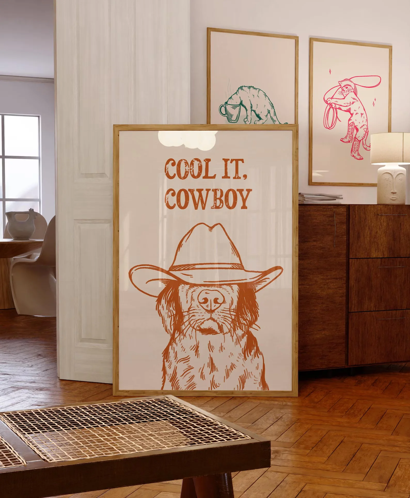 cool it cowboy art print retro print vintage art blue wall art dog western dog print trendy decor digital download