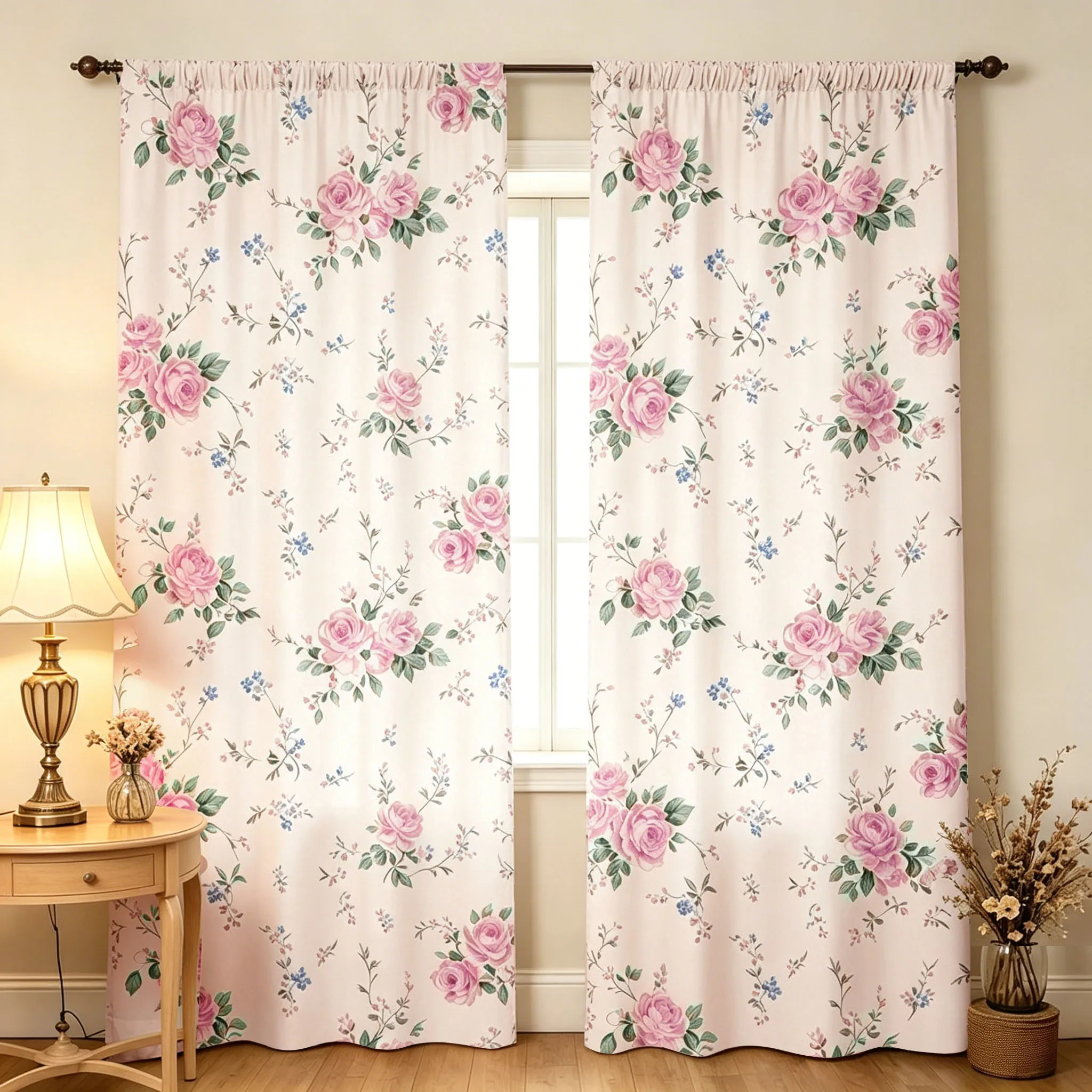2PCS Digital Printed Curtains, Rose Floral Design, Floral Flower Style Rod Pocket Window Drapes for Living Room Bedroom Decor