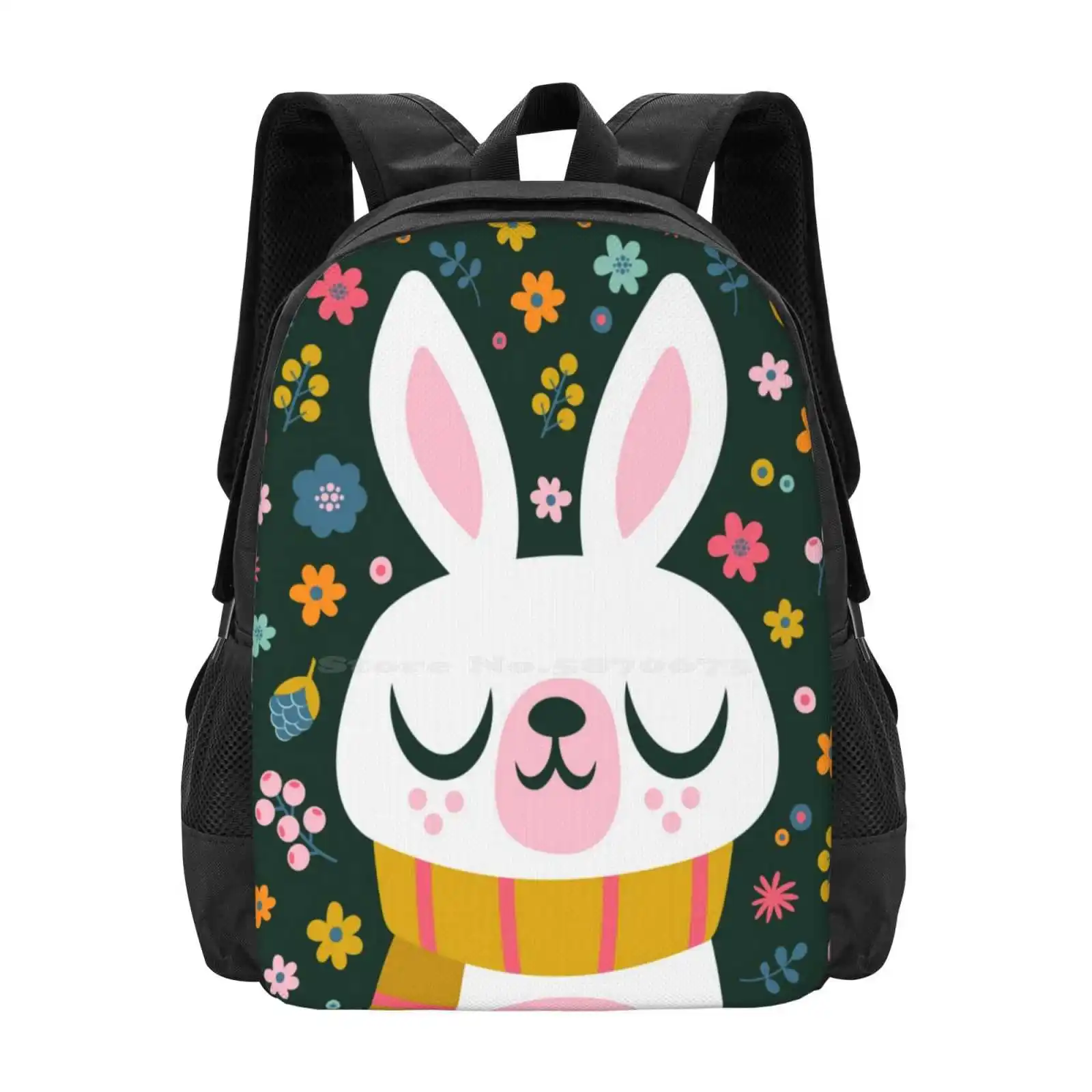 Bunny Wearing A Scarf And Flowers Backpacks For School Teenagers Girls Travel Bags Bunny Flowers Floral Smile Sweet Rabbit Cute