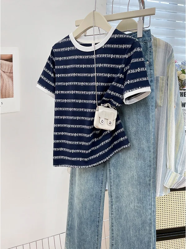 Casual Stripe Short Sleeve T-Shirt Women's round Neck Leisure Top Summer Moisture Wicking Polyester Cotton Blend Comfortable Fit