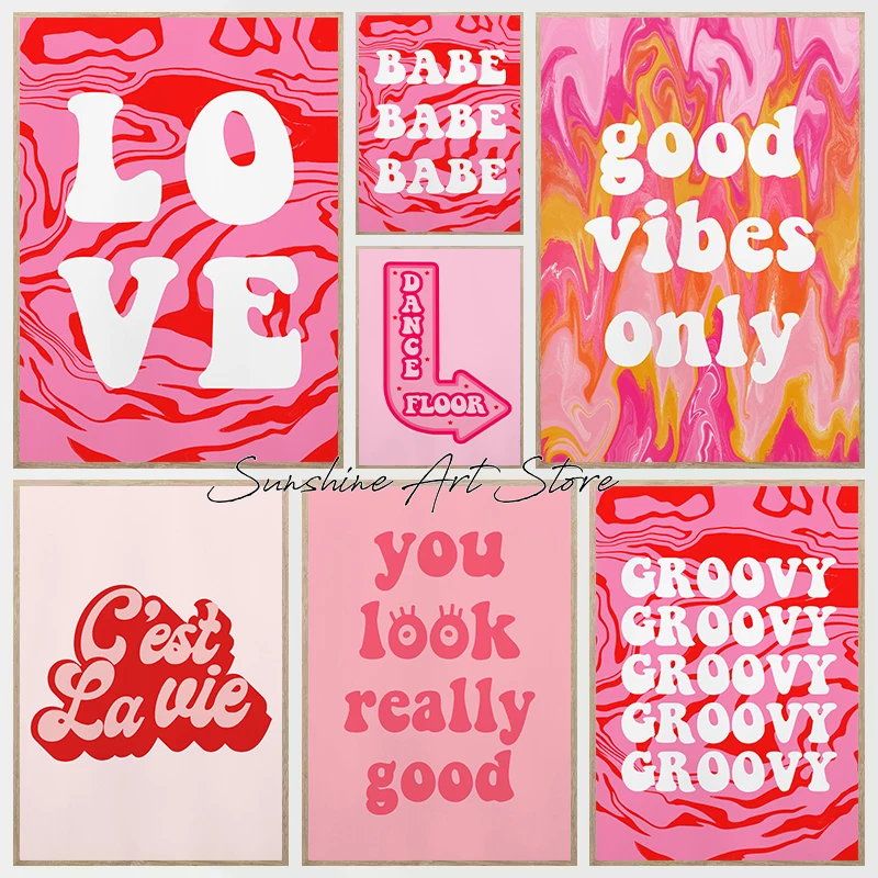 Good Vibes Love Groovy BABE Funky Pink Red Colourful Quotes Funky Disco Abstract Poster Canvas Painting Wall Pictures Home Decor