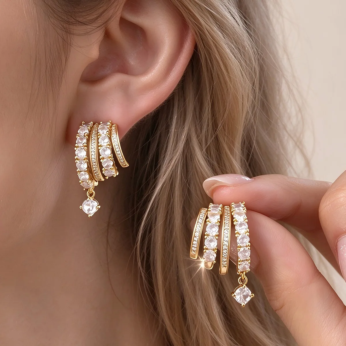 Light Luxury Multi-layer C-shaped Full Diamond Stud Earrings for Women Fashion Geometric Zircon Earrings Party Wedding Jewelry
