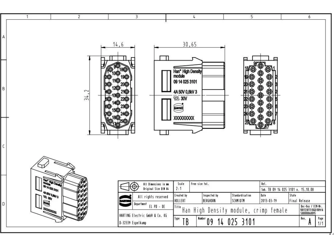 09140253101 HARTING Combination Heavy Duty Han4A 25-Pin Crimp Module Female Ferrule (F)