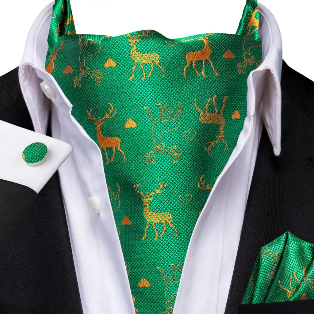 

Hi-Tie Silk Green Mens Christmas Ascot Hanky Cufflinks Set Jacquard Snow Deer Vintage Xmas Cravat Tie Wholesale for Male Prom