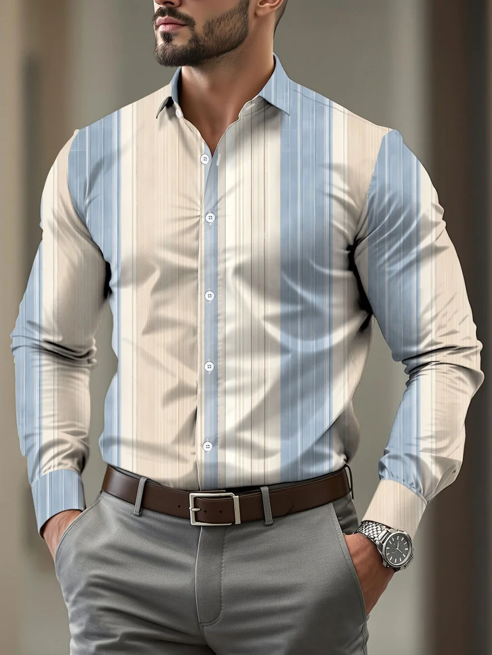 

Colorful Stripe Printed Men's Long Sleeve Shirt Summer Casual Men's Single Breasted Shirt Beach Pool Party Men's Fashion Shirt