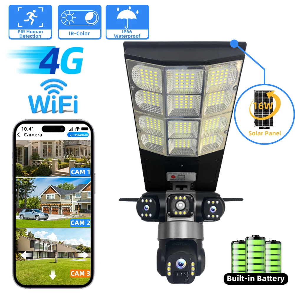 Outdoor 4G Solar Camera Triple Lens Waterproof PIR Human Detection Color Night Vision LED Street Light V380 Pro Remote Control