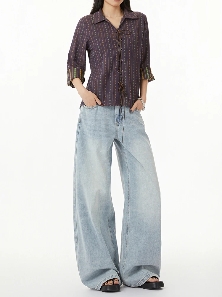 

Американские ретро-джинсы с широкими штанинами, женские свободные брюки в пол, весенне-осенние повседневные джинсы с дизайнерским эффектом потертости