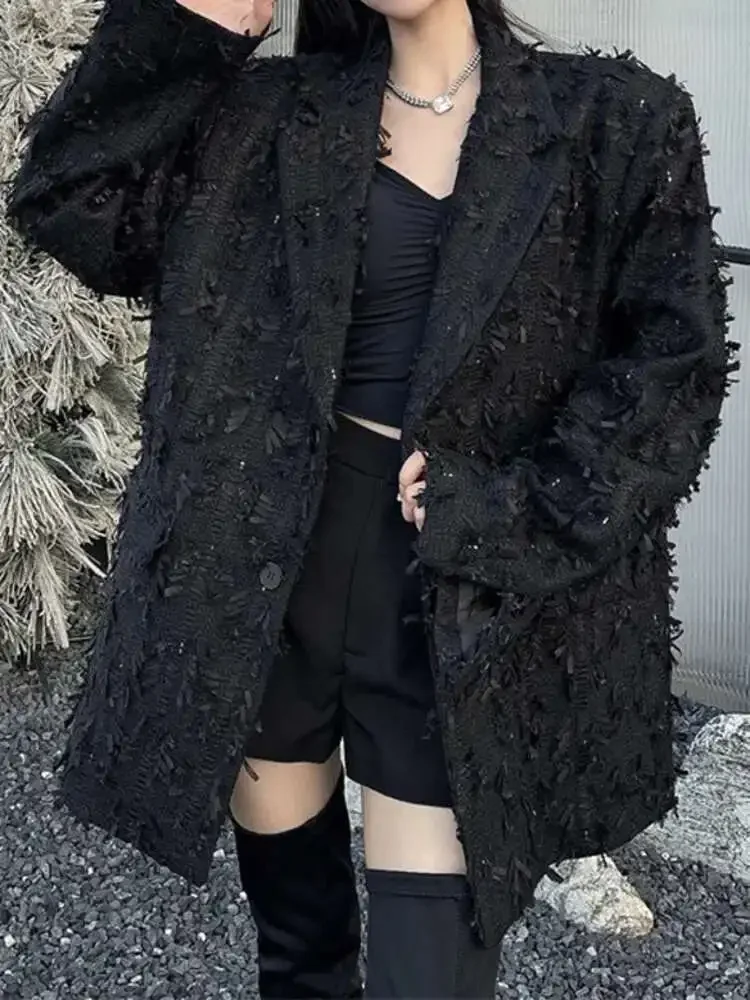 Street Black Jacket American Retro Loose All Match Tassel Temperament Fashion Blazer Coat Women Spring Autumn 2025
