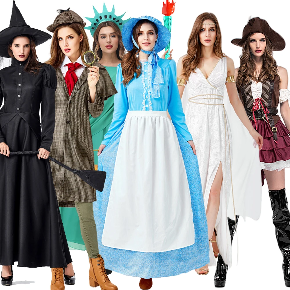 زي تنكري للهالوين على شكل ساحرة سوداء أو قراصنة أو شخصية فتاة الحقول أو شخصية هولمز، زي مسرحي نسائي عصري مصنوع من البوليستر #2