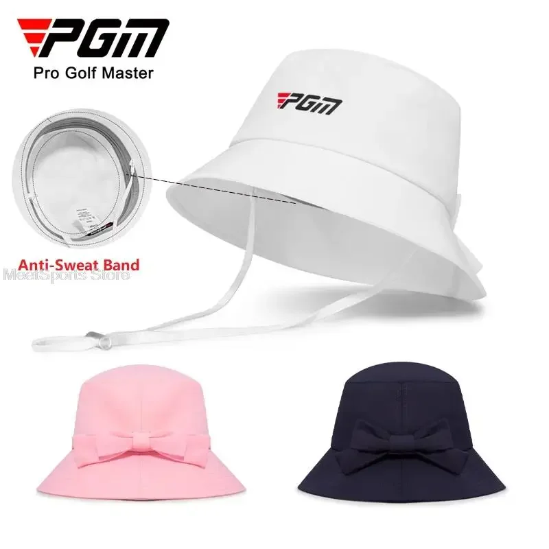 Pgm Golf Bucket Hat Women\'s Bowknot Sports Fisherman Cap Ladies Big Brim Sun Visor Seaside Sun Protection Uv Beach Headwear