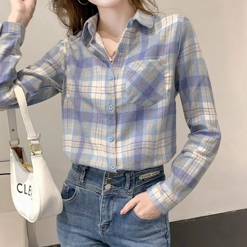 Retro Plaid Pattern Patchwork Pockets Blouse Fashion Polo-Neck Sanding Single Row Multi Buckle Loose Blue Women\'s Shirts