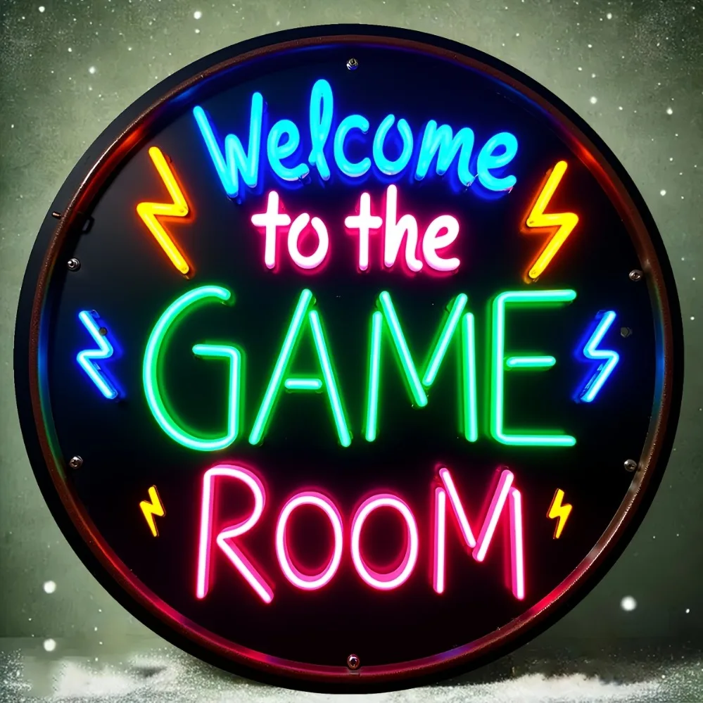 Vintage Welcome to the Game Room Neon Effect Round Tin Sign, Retro Colorful Lightning Bolt Gamer Quote Metal Wall Art, Rustic Ga