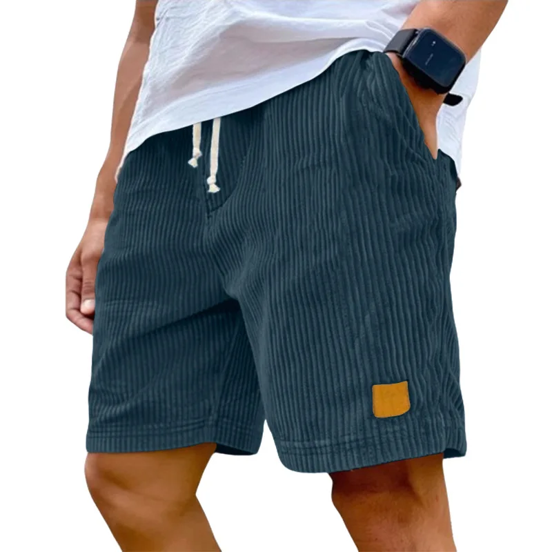 Men's Vintage Corduroy Shorts Casual Summer Drawstring Waist Loose Fit Retro Vertical Stripe Shorts with Pockets