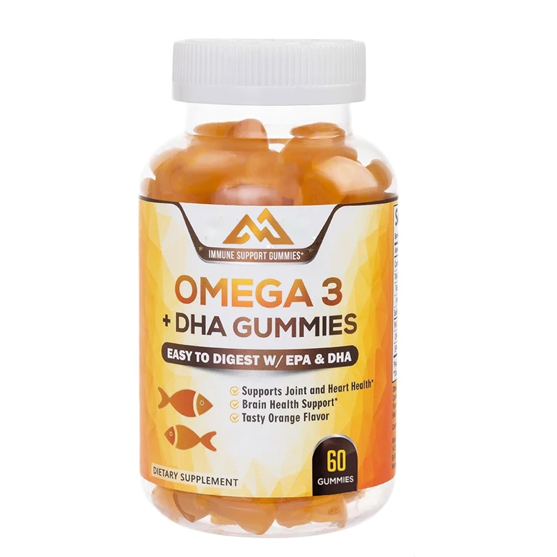 Omega 3 fish oil gummies, heart healthy DHA and EPA, joint and brain support, natural vitamins, 60 orange flavored capsules