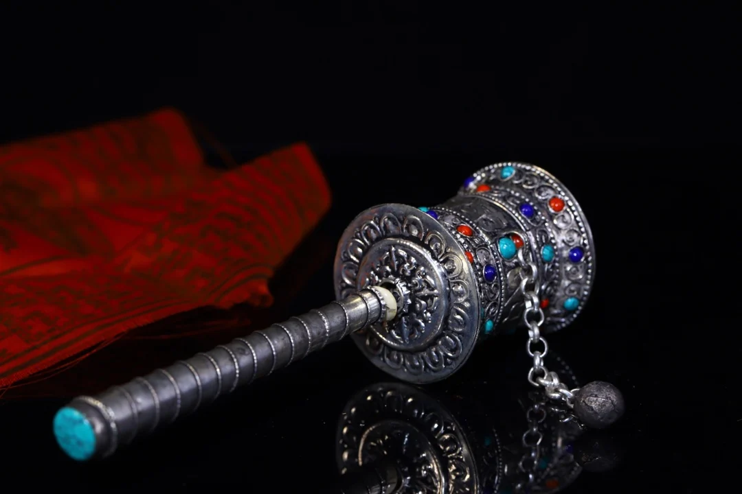 

8"Tibetan Temple Collection Old Tibetan Silver Cinnabar Mosaic Gem Six Character Proverbs Prayer Wheel Old Scriptures