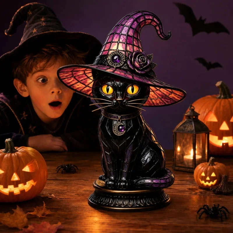 Stained Resin Lamp Black Cat Witch Hat Halloween Light Table Figurine Vintage Home Room Desk Decoration Gift