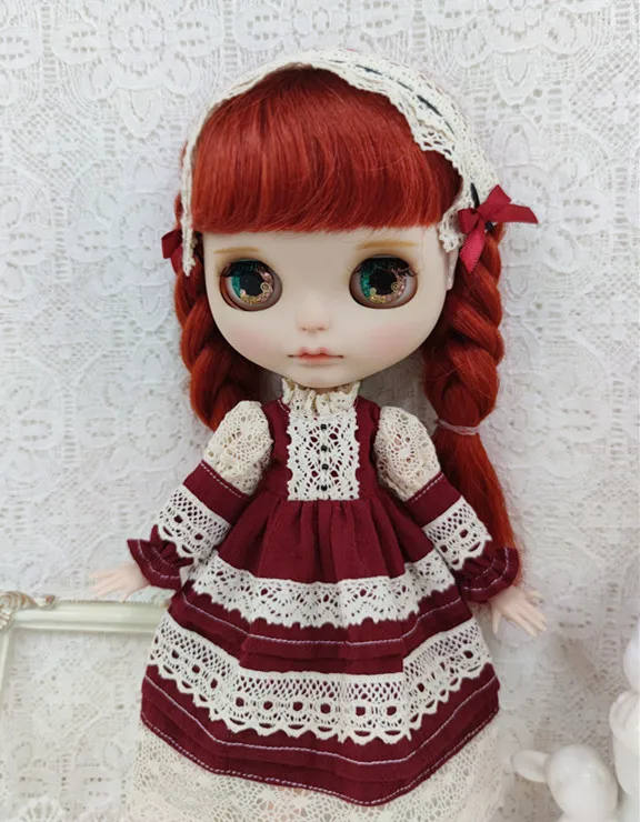 Retro Lace Distressed Long Skirt 2pcs Blythe doll dress skirt,  hair accessories1/6  30cm for Pullip,Ob22,Ob24, Licca