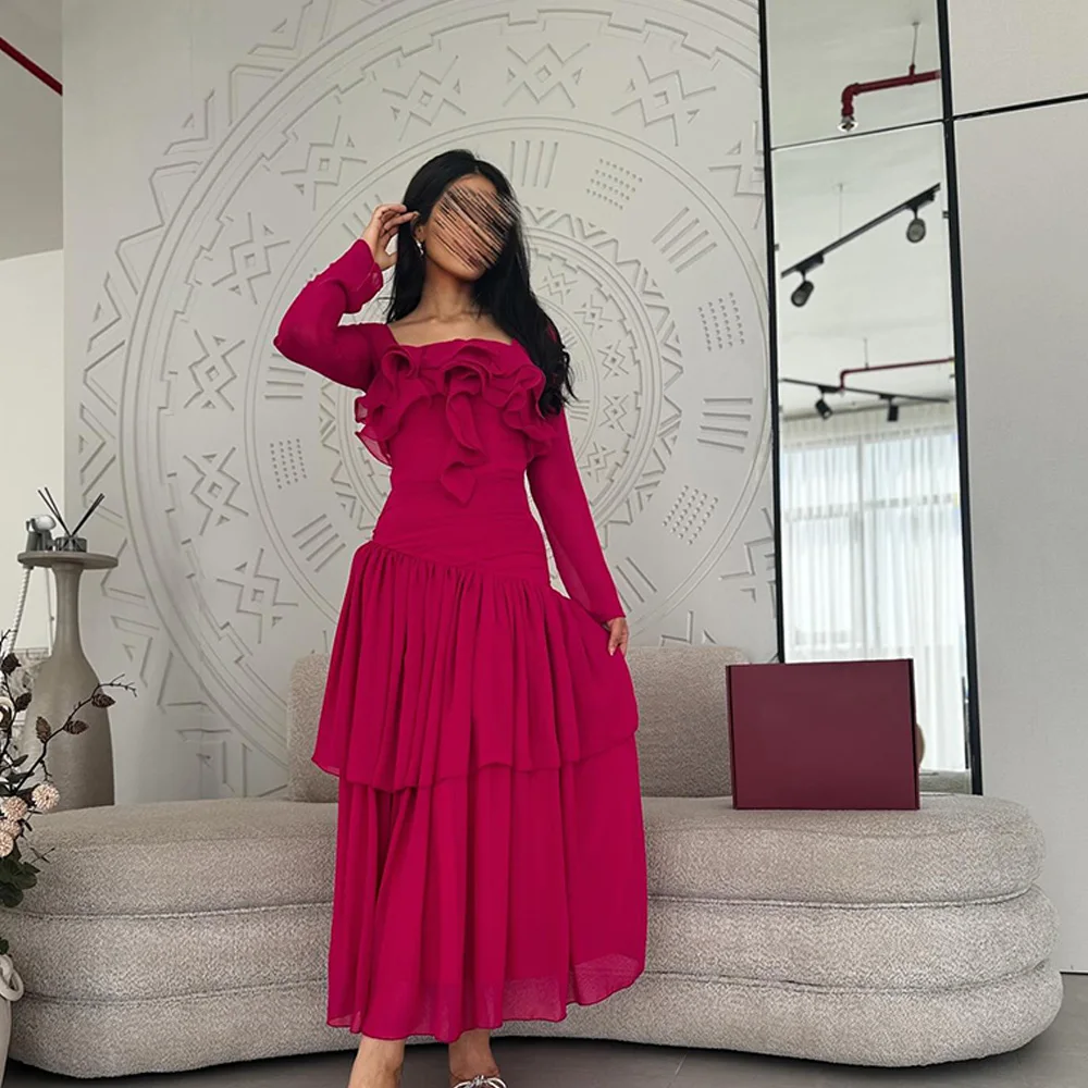 

High Quality A-Line Tea Length Square Neck Chiffon Long Sleeves Pleats Evening Dress Modern Photo Color vestidos de fiesta