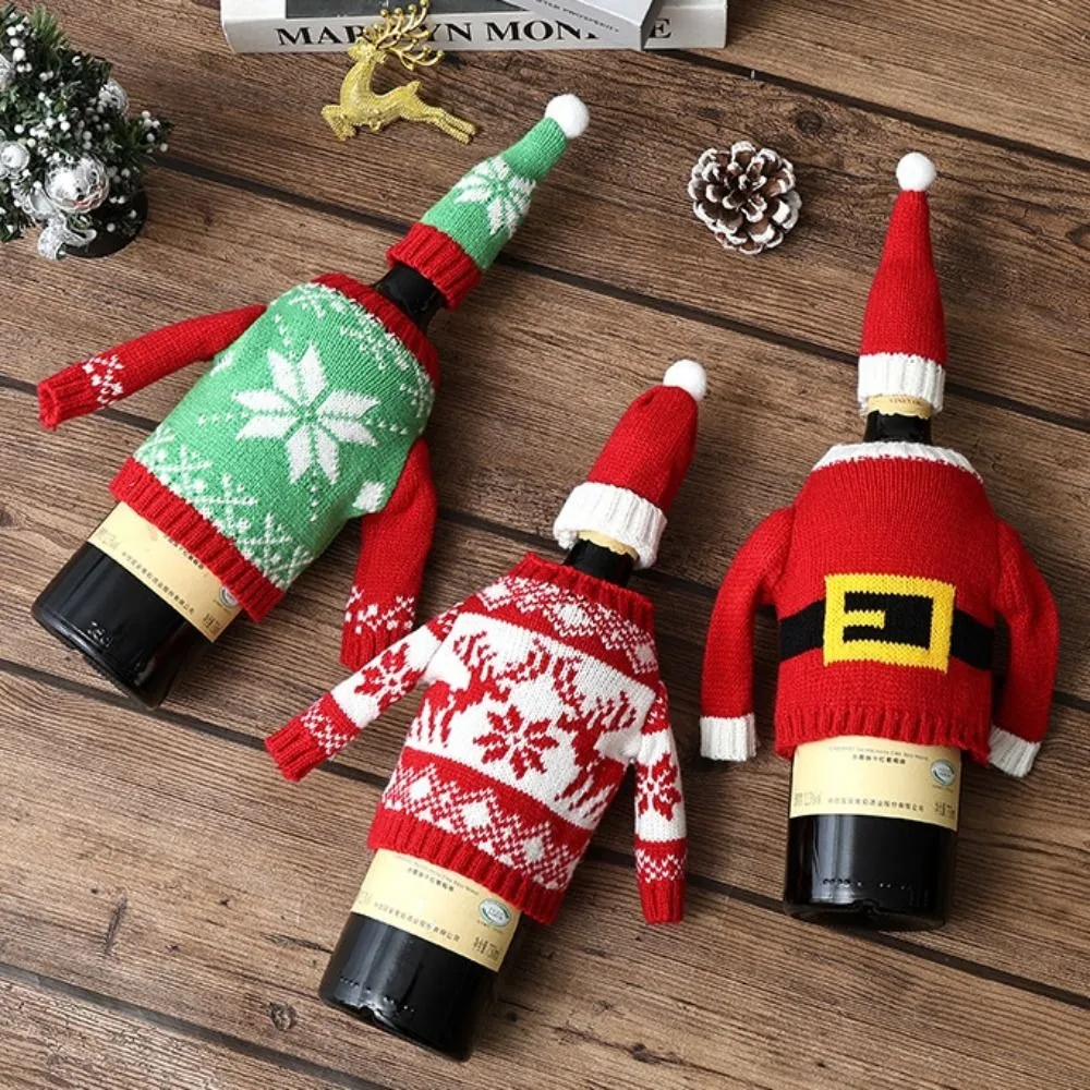 Elk Wine Bottle Cover Reusable Cover with Mini Santa Hat Christmas Knitted Bottle Cover Santa Claus Snowflake Beer Bottle Cover