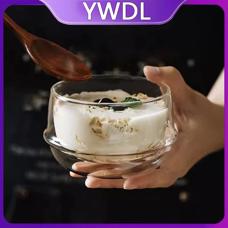 YWDL Double-Wall Heat Resistant Glass Bowl for Breakfast Yogurt Oatmeal Salad - 350/550ml Capacity Dessert Soup Container