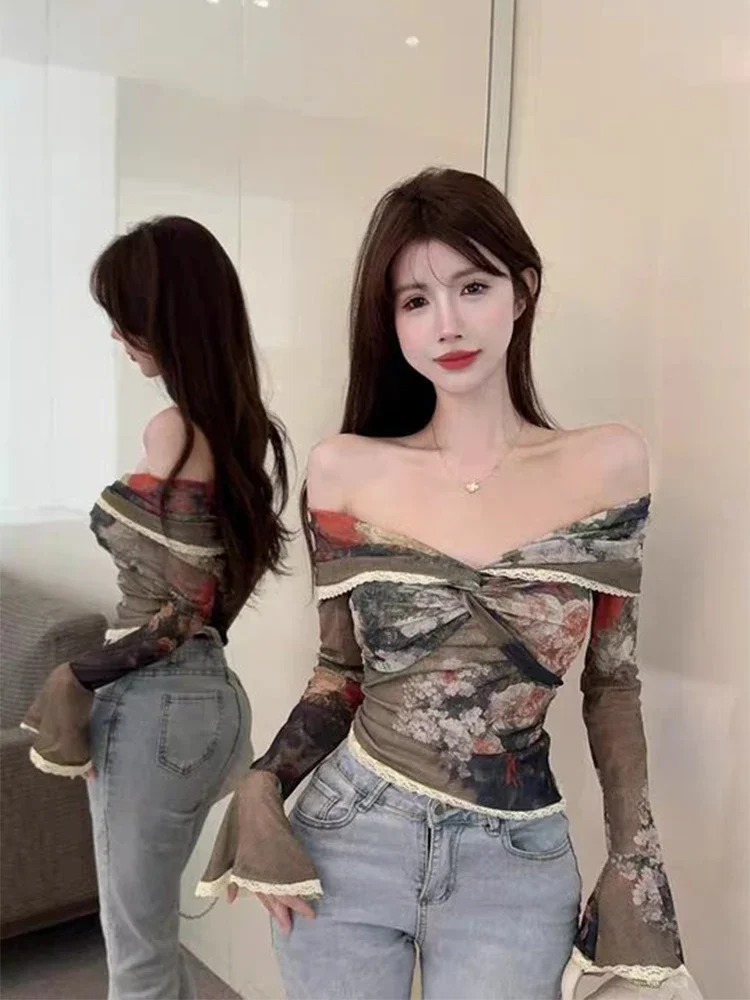 Top Women Street V-neck Kink Off Shoulder Tops Female 2024 Spring Summer Fashion Chic Long Sleeves Shirts Lady