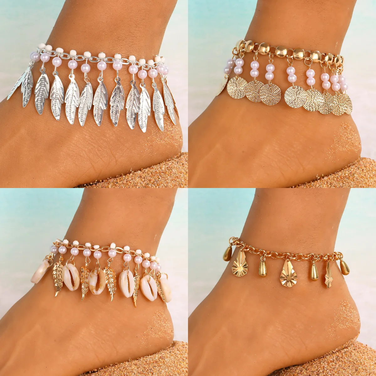 

Ocean Beach Style Anklet Women Girl Simulated Pearl Feather Shell Charm Dangle Foot Jewelry Chain Bracelet