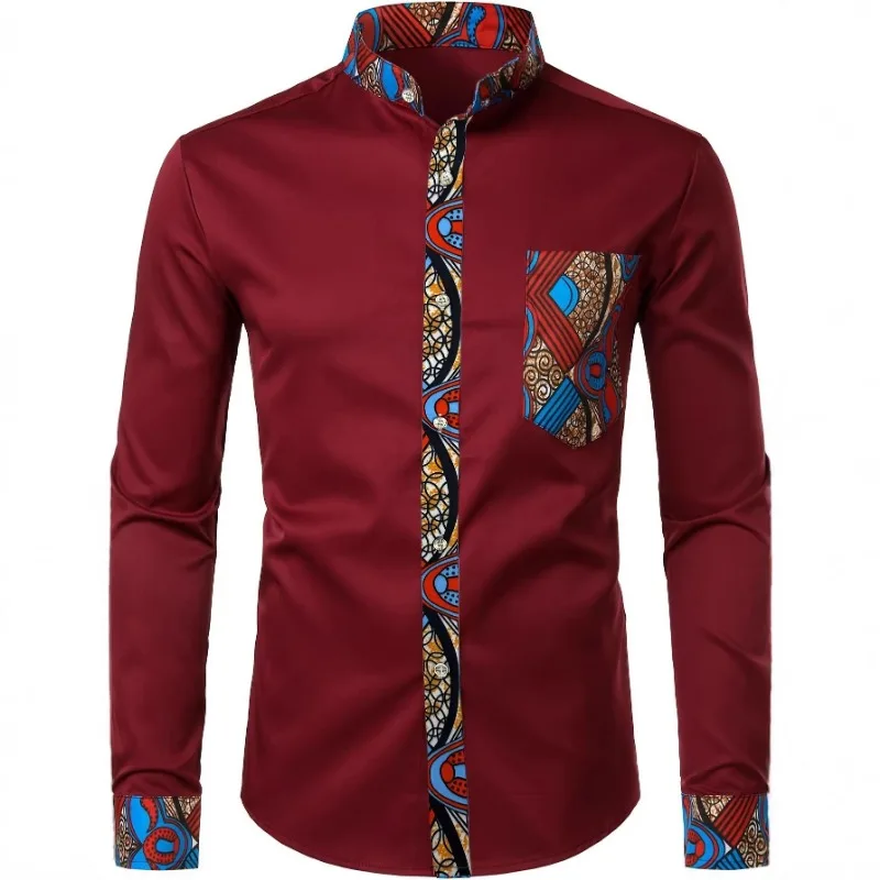 

Мужская рубашка с длинным рукавом, бордового цвета, с этническим принтом и элементами пэчворка, на пуговицах, в стиле дашики, повседневная.