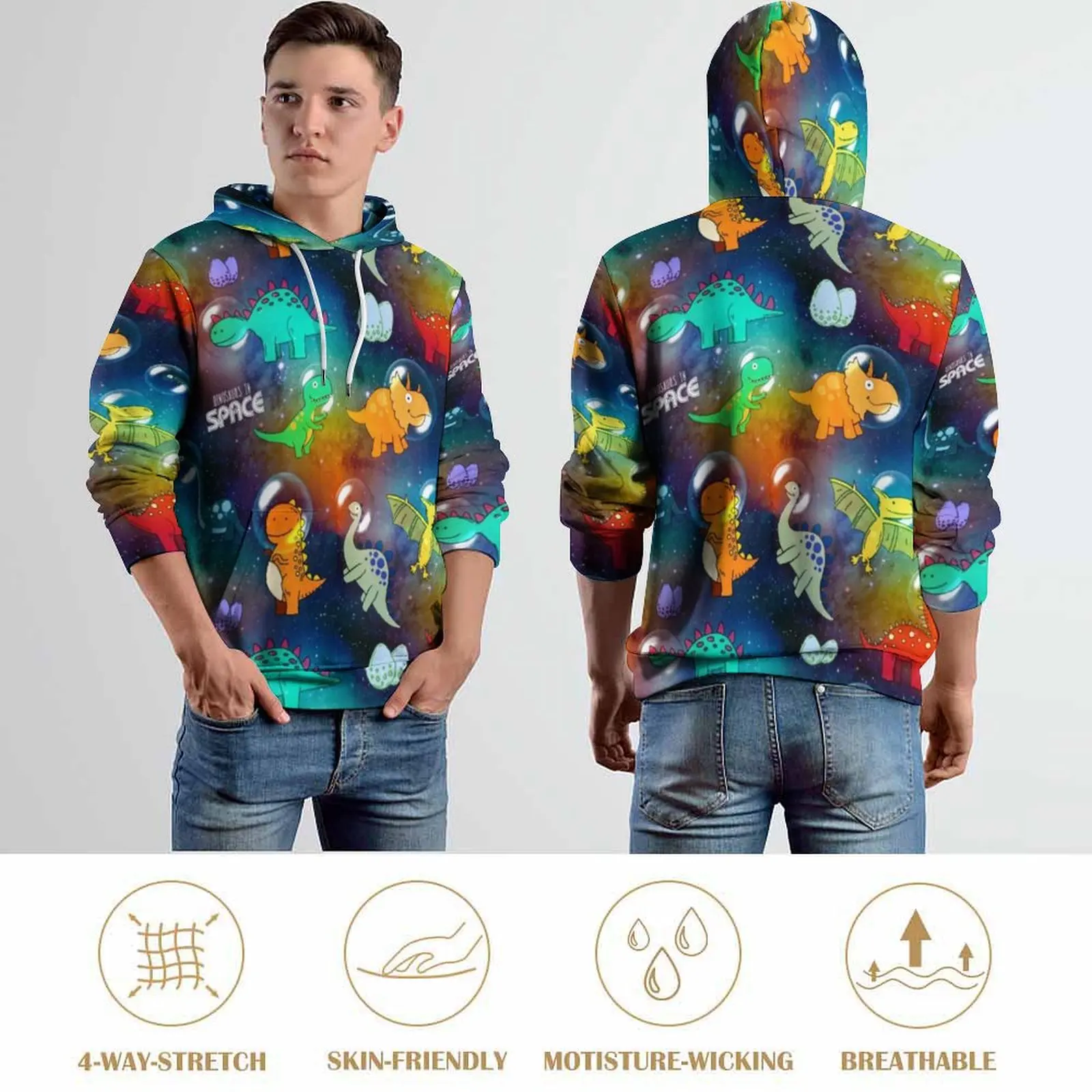 Space Dinosaur Print Casual Hoodies Men Animal Harajuku Design Hooded Sweatshirts Winter Long-Sleeve Fashion Oversize Hoodie