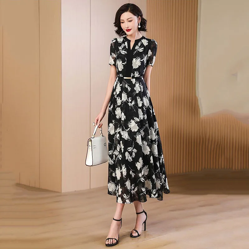 

Chiffon Dress Female Summer O Neck Short Sleeve Printed Slimming Dress Midi Length Dress Lady Fashion Dress 4XL
