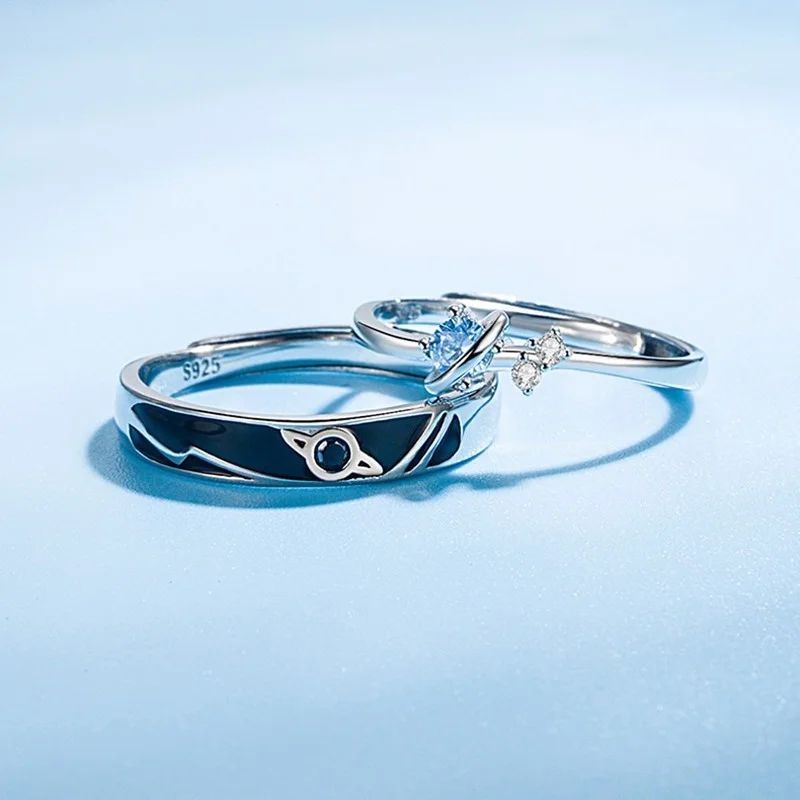 Trumium Solid 925 Sterling Silver Blue Zircon Planet Couple Open Rings For Women Men Original Girlfriend Jewelry Romantic Gift