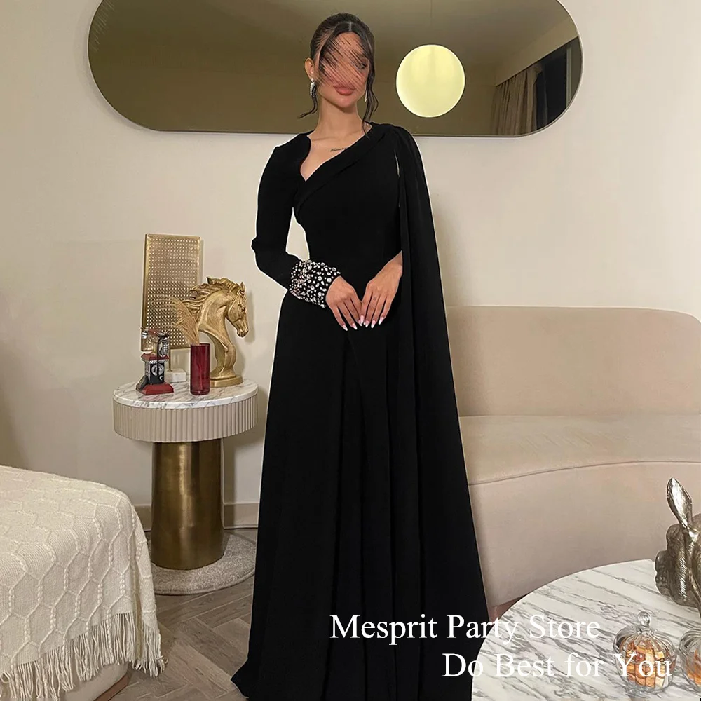 Saud Black Evening Dress Custom Size Long Sleeve Beading Stones Floor Length 2024 A Line Formal Prom Gown Formal Occasion Dress