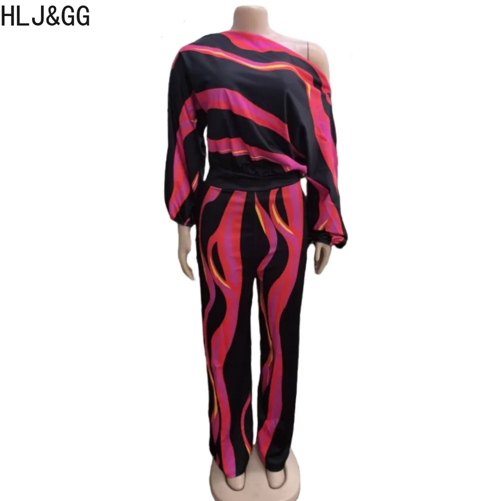 HLJ&GG Elegant Lady Printing One Shoulder Long Sleeve Straight Jumpsuits Women Loose Wide Leg Pants One Piece Playsuits 2024 New