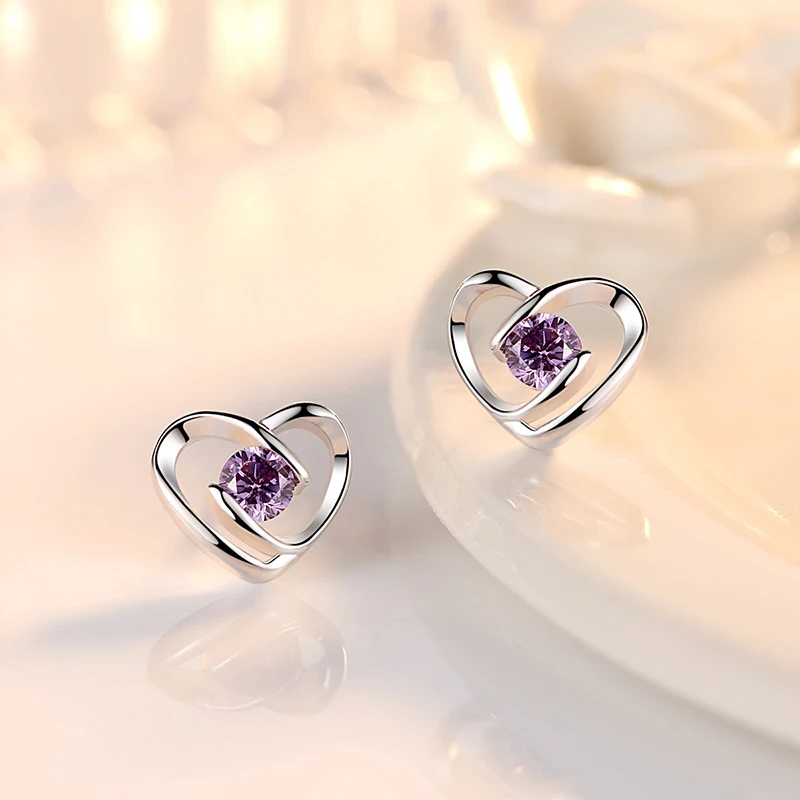 Pure 925 Sterling Silver Woman\'s Gift New Fashion Crystal Jewelry Heart Stud Earrings XY0288