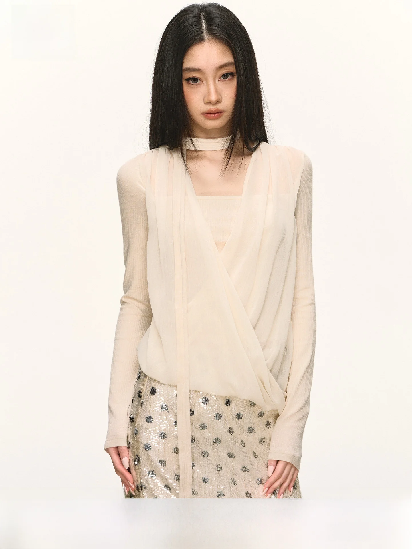

Anna Aneae Asymmetrical Long Sve Women's Top with Sa Casual Ne Hanging Design Spring Faion Netting Draped Faion