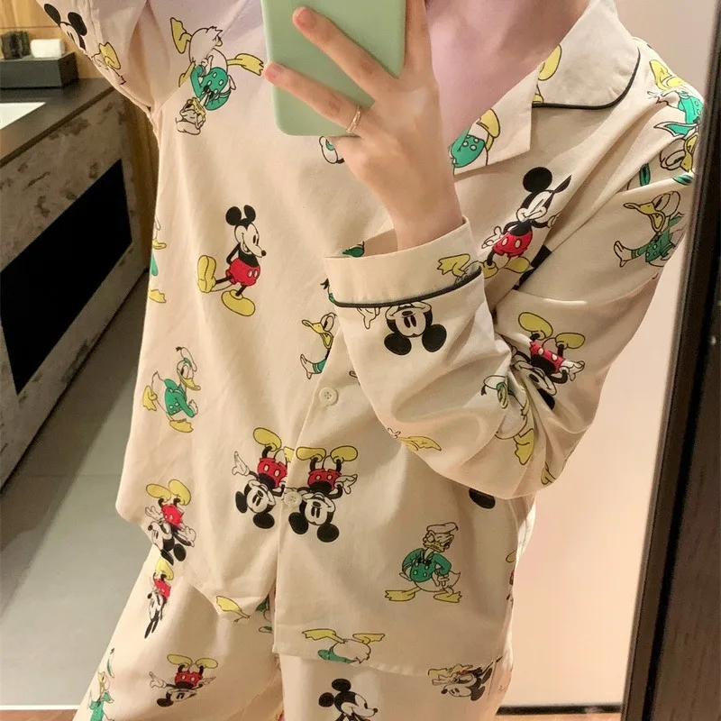 Cartoon Disney Mickey Mouse pajamas autumn cotton warm casual loose cardigan women\'s pajamas with chest pads loungewear set