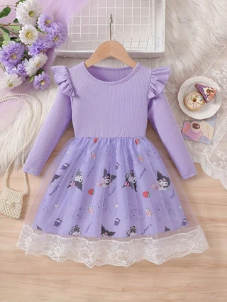 Girls' Kuromi Cartoon Long Sleeve Tulle Princess Dress, Light Purple Flutter Sleeve Lace Ruffle Puffy Skirt, Kids Spring Autumn