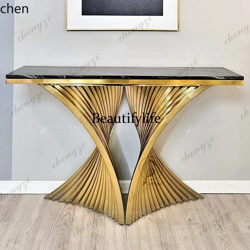 ZML stainless steel titanium marble entrance wall-mounted console table with tempered glass