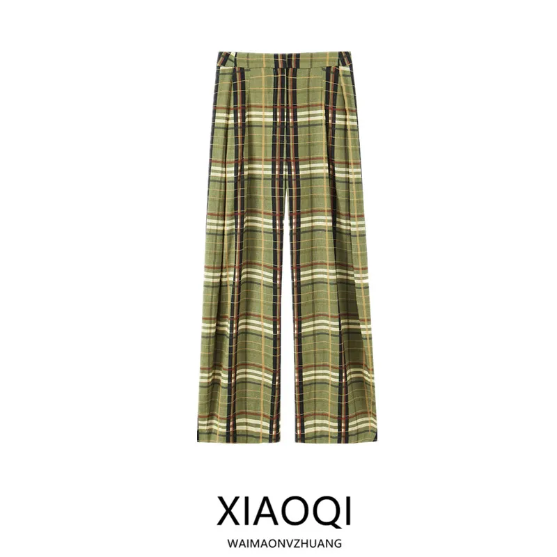 

Женские льняные брюки с высокой талией в клетку, широкие штанины, для офиса, новая осенняя коллекция, модные повседневные брюки