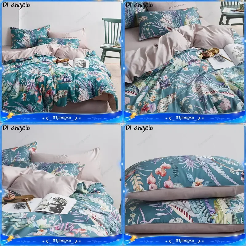 600TC Egyptian Cotton Bedding Set 4Pcs Digital Print Flower Bird Duvet Cover Luxury Bed Sheets Pillowcase Home Textile