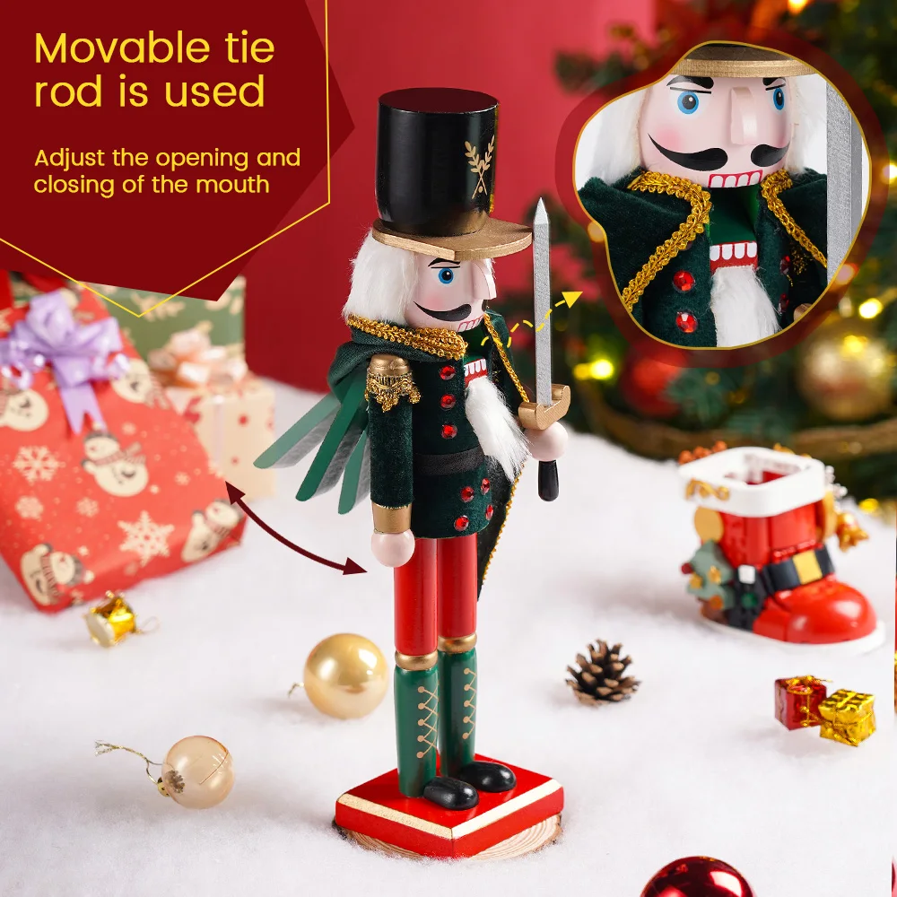 38CM King Nutcracker Soldier with Cloak Wooden Puppet Christmas Decor Holiday Gift Home Office Decoration Festive Statue