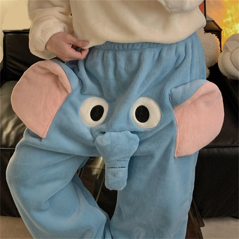 

Cartoon 3D Elephant Trunk Patterned Sleepwear for Women Men Winter Warm Flannel Pajama Pants Loose Long Trousers