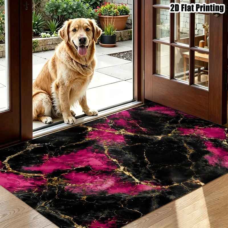 1Pc Light Luxury Black Gold Rose Red Marble Pattern Rug, Retro Art Decorative Rug for Living Room, Bedroom, Dining Room, Bedside, Indoor and Outdoor Patio, Home Decoration