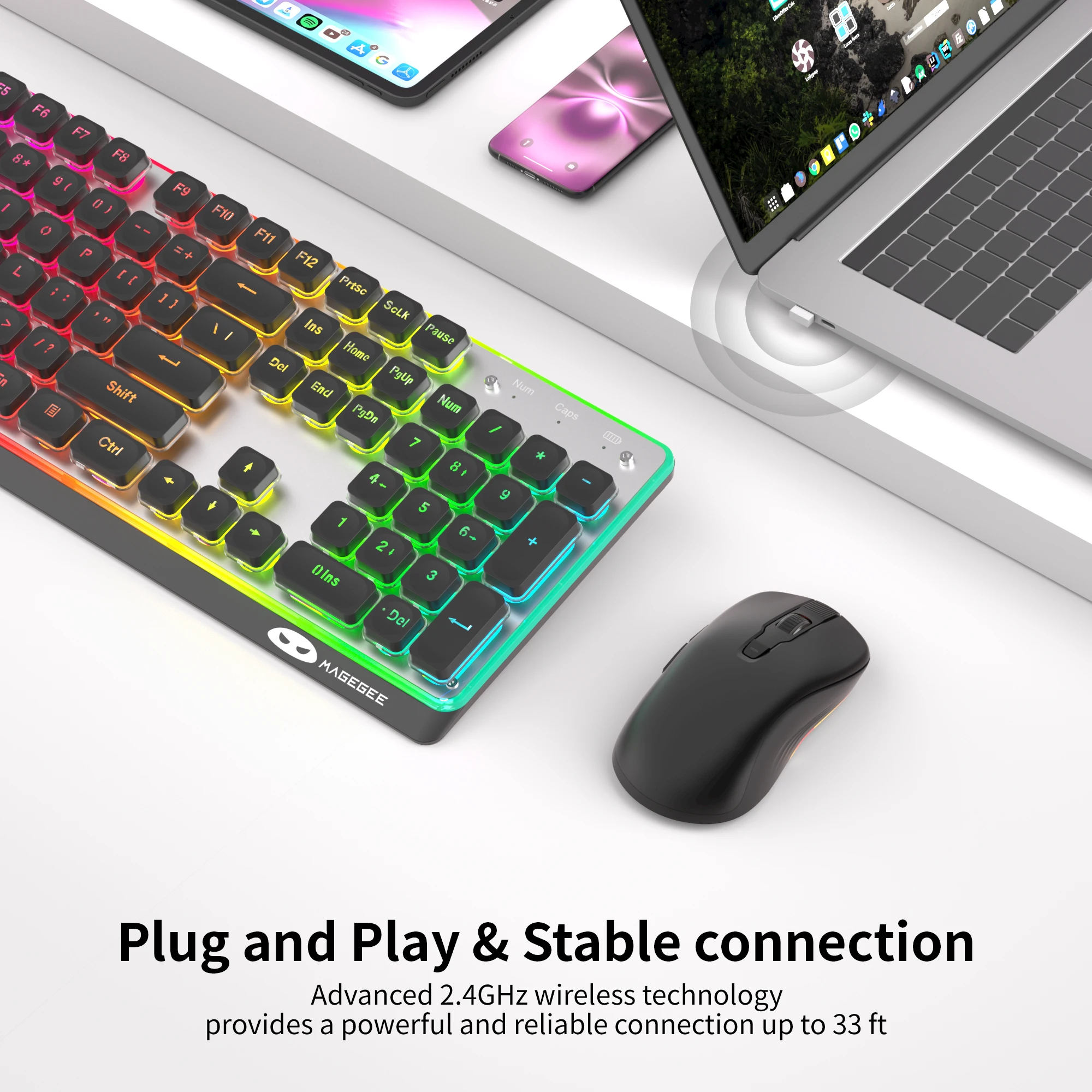 MageGee TS97 2.4G Wireless Keyboard Mouse Combo, RGB Backlit, Silent Typing, Adjustable DPI RGB Mouse for Win Laptop Gift Study