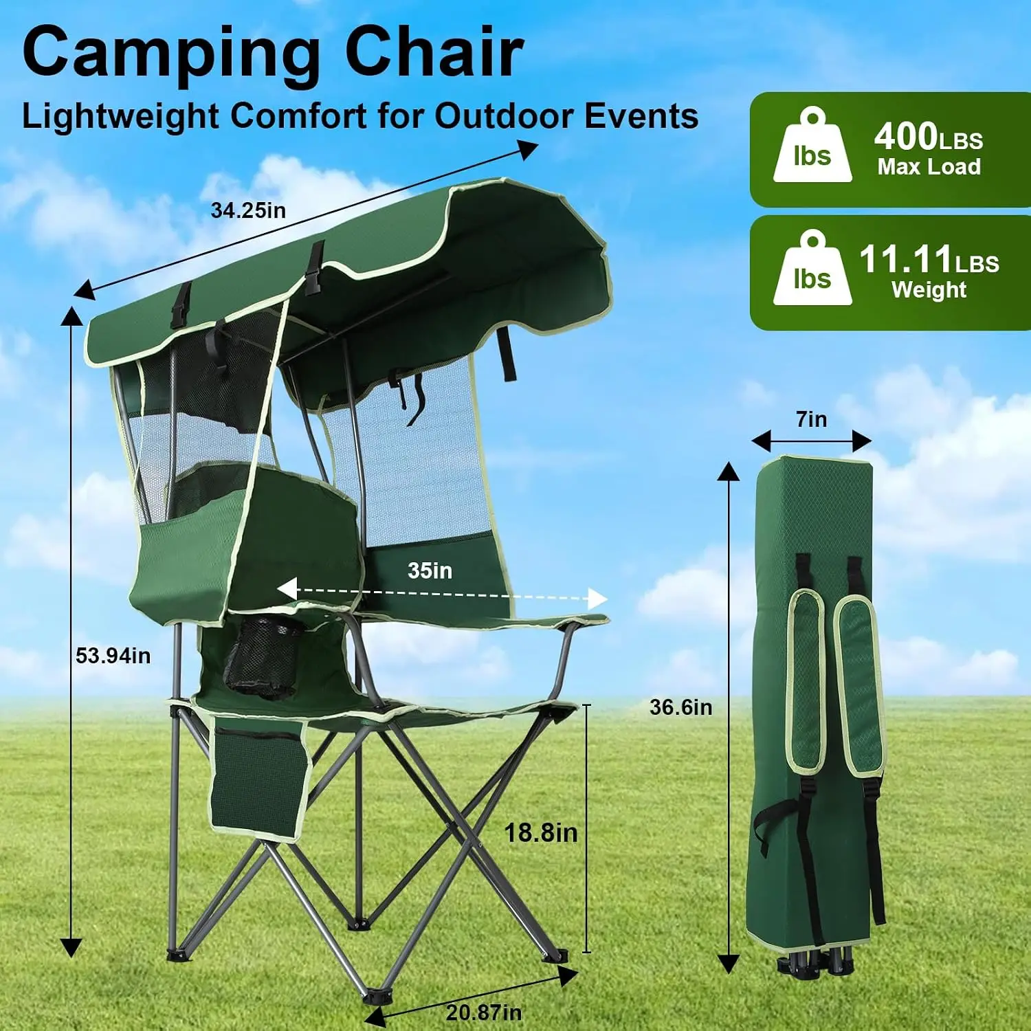 Folding Canopy Beach Camping Chairs For Adult 2 Pack, Portable Outdoor Chairs With Sunshade, Cup Holder & Side Pocket